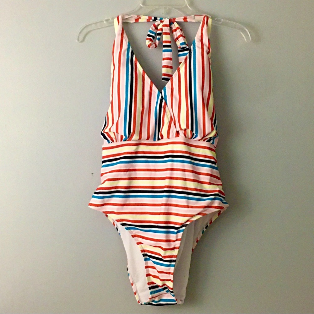 SHEIN Swim One Piece Lace Up Back Bow Stripes